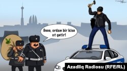 "Polis maşınını əzən adam". Karikatura. Gündüz Ağayev.